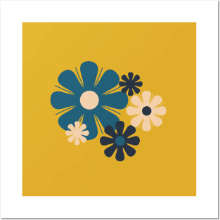 Flower Locus Retro 60s 70s Floral Pattern Mustard Yellow Blue Beige Posters and Art